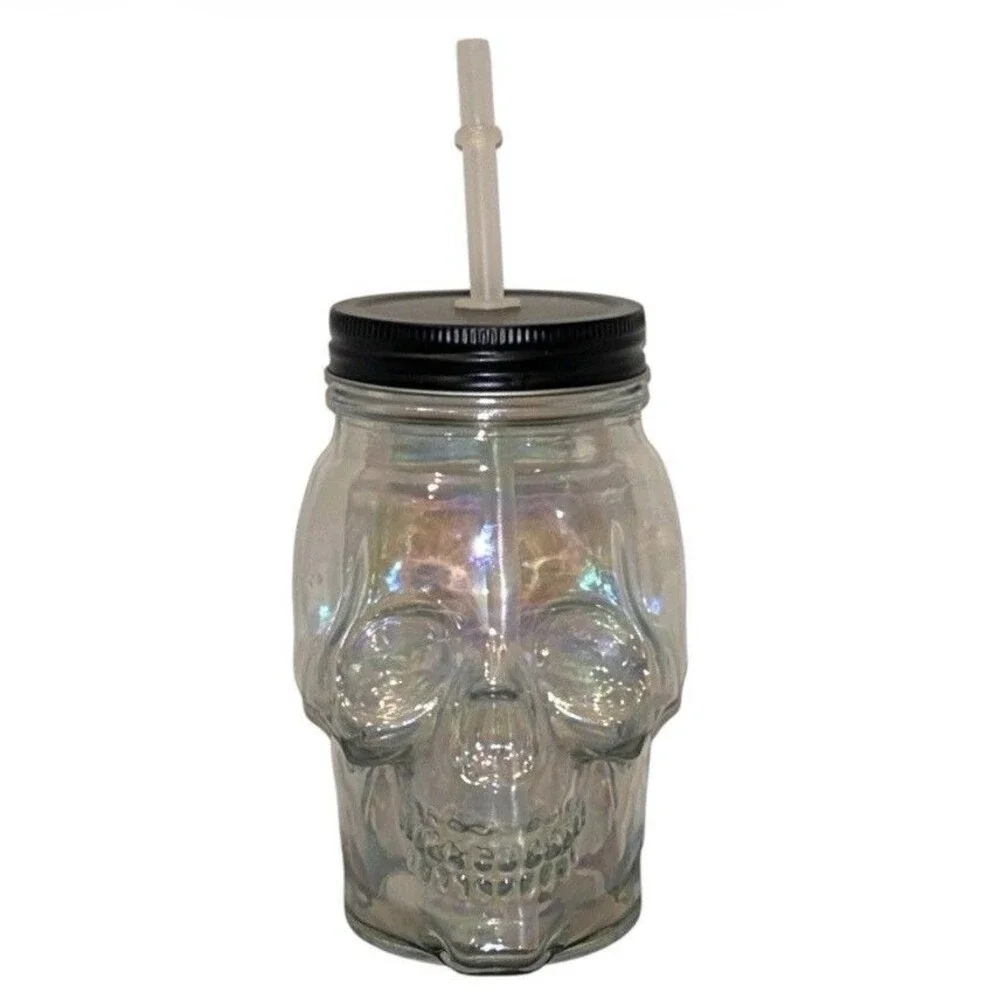 2x Halloween Skull Iridescent Glass Mason Jar Cup with Lid and Straw